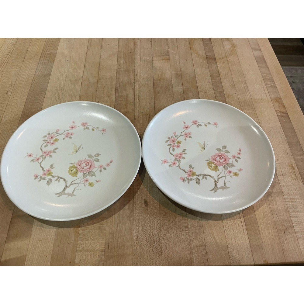Vtg Lenox Melamines Set Of 2 6 3/4" Bread Plates Saucers Pink Floral W Butterfly